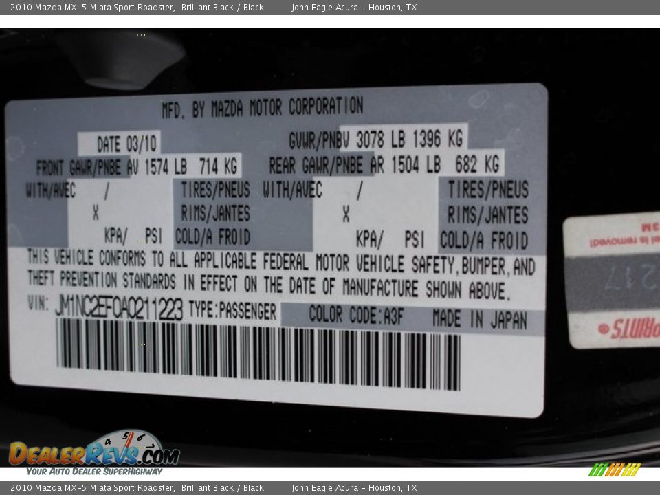 2010 Mazda MX-5 Miata Sport Roadster Brilliant Black / Black Photo #36