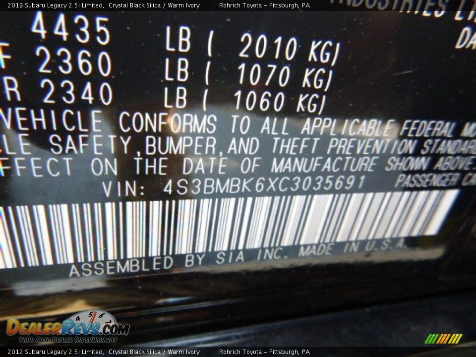 2012 Subaru Legacy 2.5i Limited Crystal Black Silica / Warm Ivory Photo #25