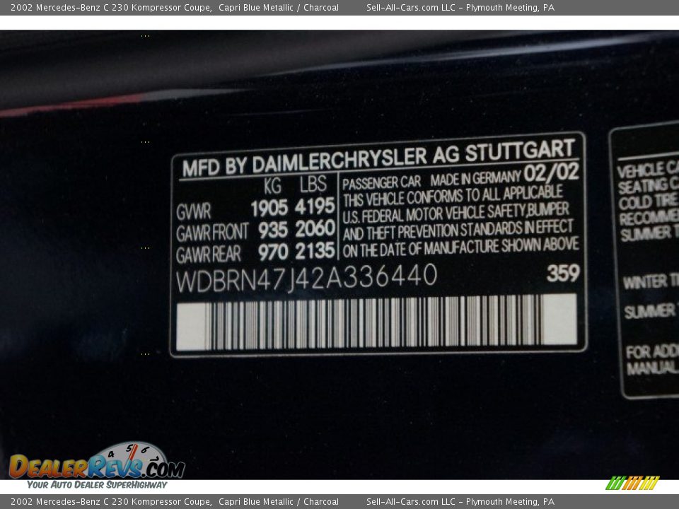 2002 Mercedes-Benz C 230 Kompressor Coupe Capri Blue Metallic / Charcoal Photo #13