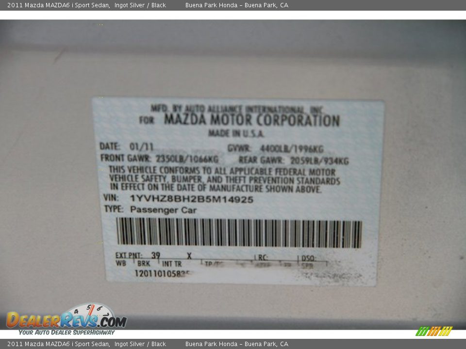2011 Mazda MAZDA6 i Sport Sedan Ingot Silver / Black Photo #28