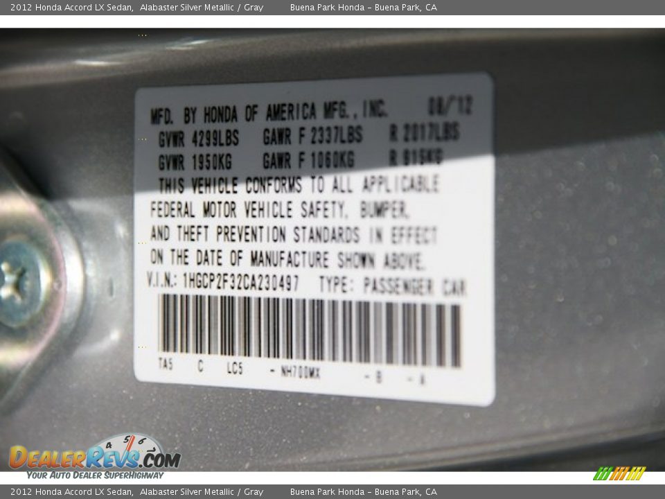 2012 Honda Accord LX Sedan Alabaster Silver Metallic / Gray Photo #28