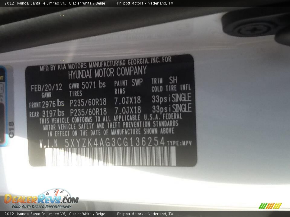 2012 Hyundai Santa Fe Limited V6 Glacier White / Beige Photo #6