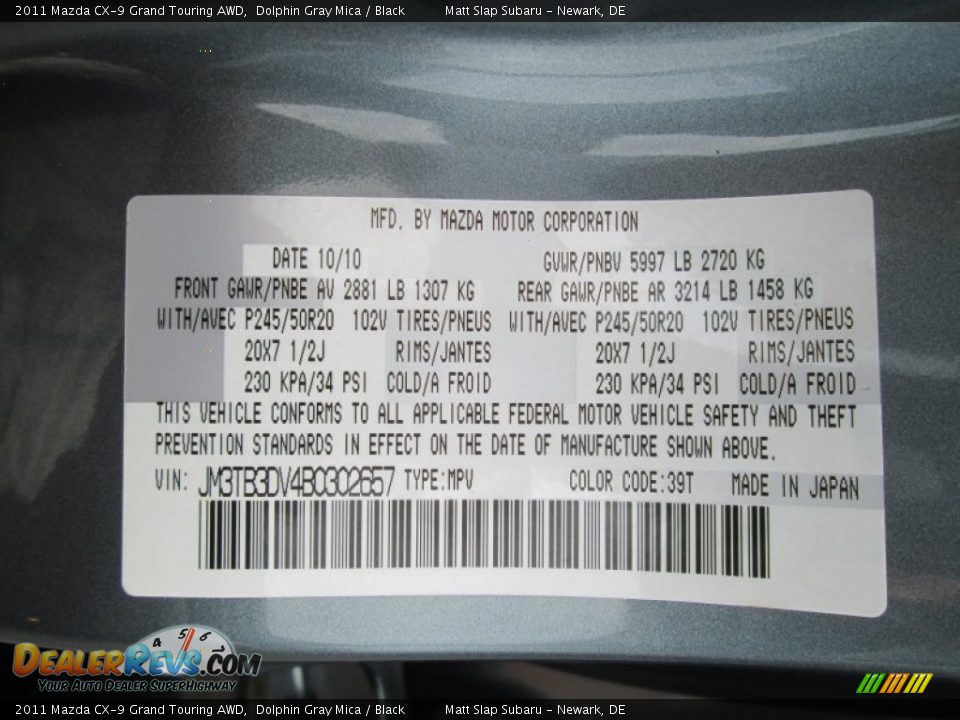 2011 Mazda CX-9 Grand Touring AWD Dolphin Gray Mica / Black Photo #30