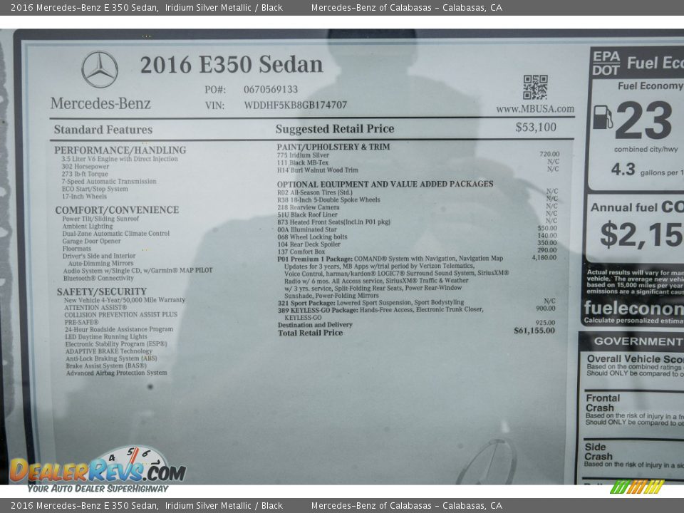 2016 Mercedes-Benz E 350 Sedan Window Sticker Photo #10