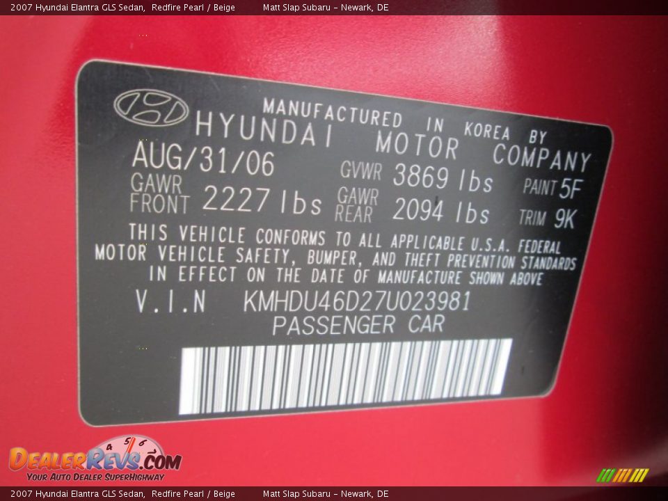 2007 Hyundai Elantra GLS Sedan Redfire Pearl / Beige Photo #28