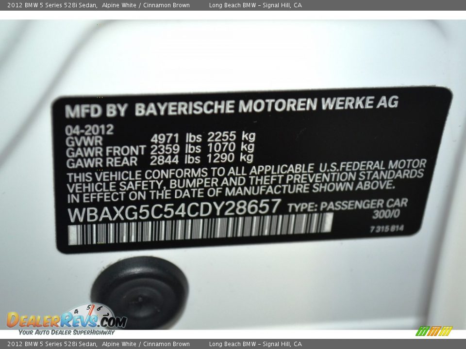 2012 BMW 5 Series 528i Sedan Alpine White / Cinnamon Brown Photo #11