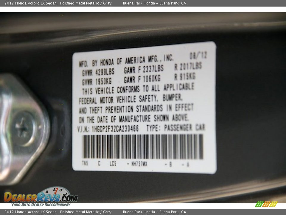 2012 Honda Accord LX Sedan Polished Metal Metallic / Gray Photo #27