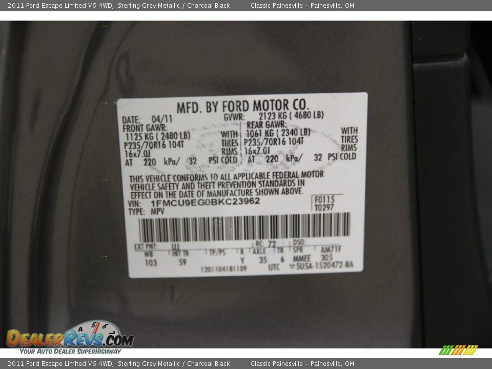 2011 Ford Escape Limited V6 4WD Sterling Grey Metallic / Charcoal Black Photo #15