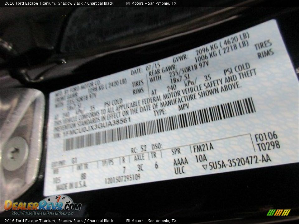 2016 Ford Escape Titanium Shadow Black / Charcoal Black Photo #18