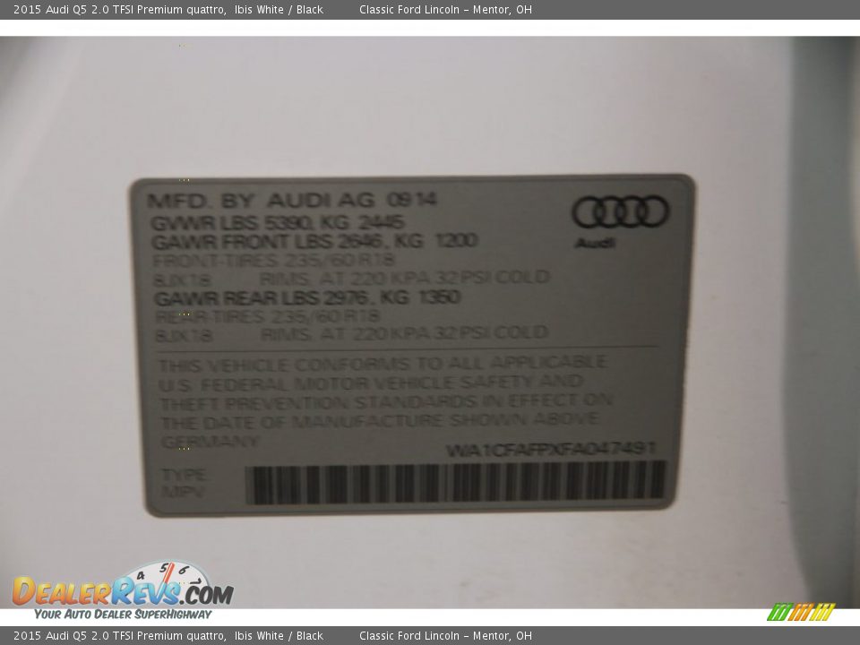 2015 Audi Q5 2.0 TFSI Premium quattro Ibis White / Black Photo #19