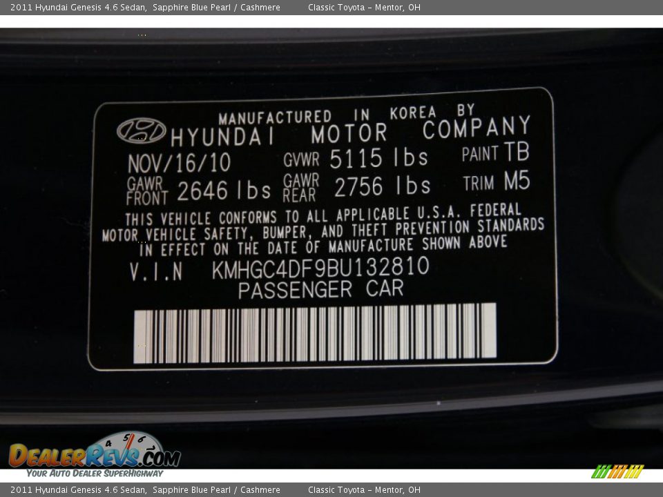 2011 Hyundai Genesis 4.6 Sedan Sapphire Blue Pearl / Cashmere Photo #16