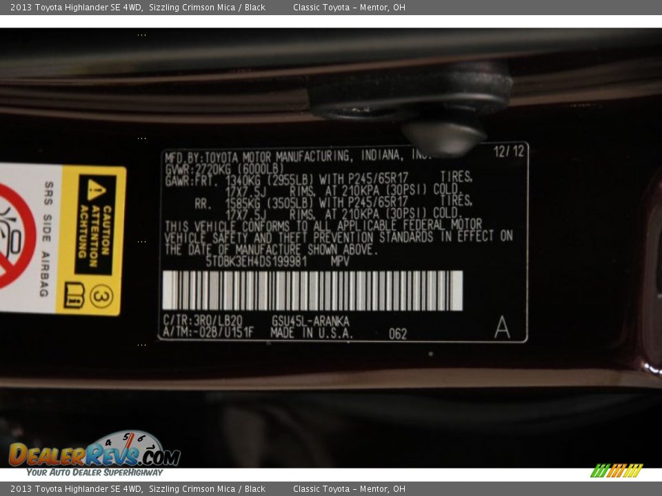 2013 Toyota Highlander SE 4WD Sizzling Crimson Mica / Black Photo #17