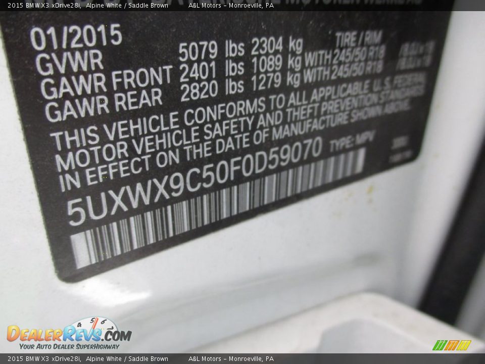 2015 BMW X3 xDrive28i Alpine White / Saddle Brown Photo #19