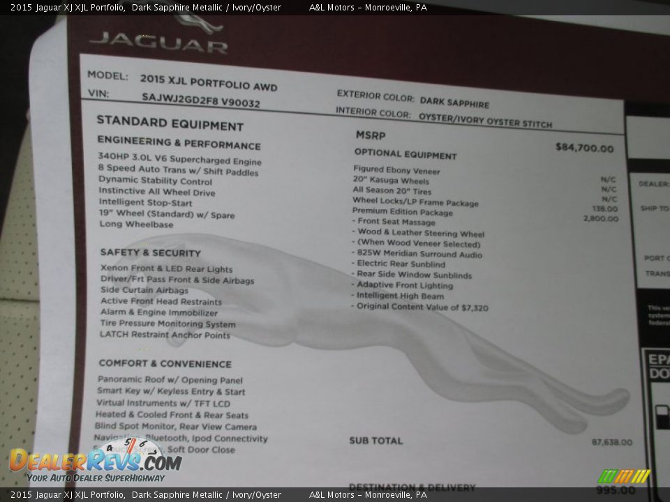 2015 Jaguar XJ XJL Portfolio Window Sticker Photo #13