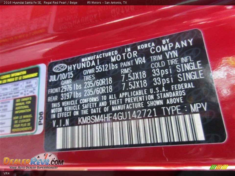 Hyundai Color Code VR4 Regal Red Pearl