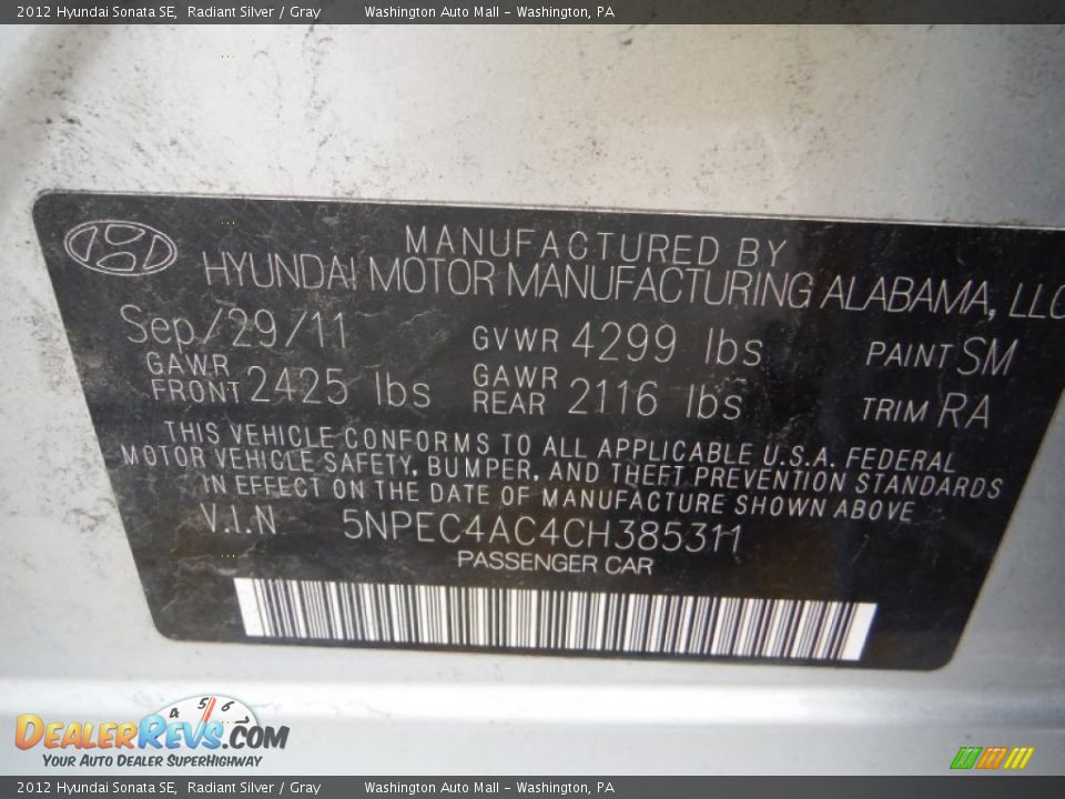 2012 Hyundai Sonata SE Radiant Silver / Gray Photo #20