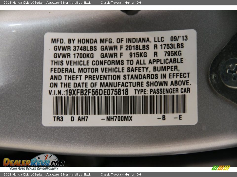 2013 Honda Civic LX Sedan Alabaster Silver Metallic / Black Photo #19