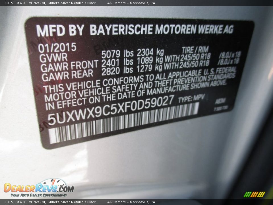 2015 BMW X3 xDrive28i Mineral Silver Metallic / Black Photo #20
