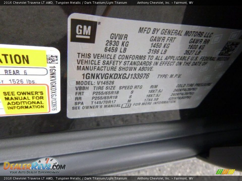 2016 Chevrolet Traverse LT AWD Tungsten Metallic / Dark Titanium/Light Titanium Photo #16