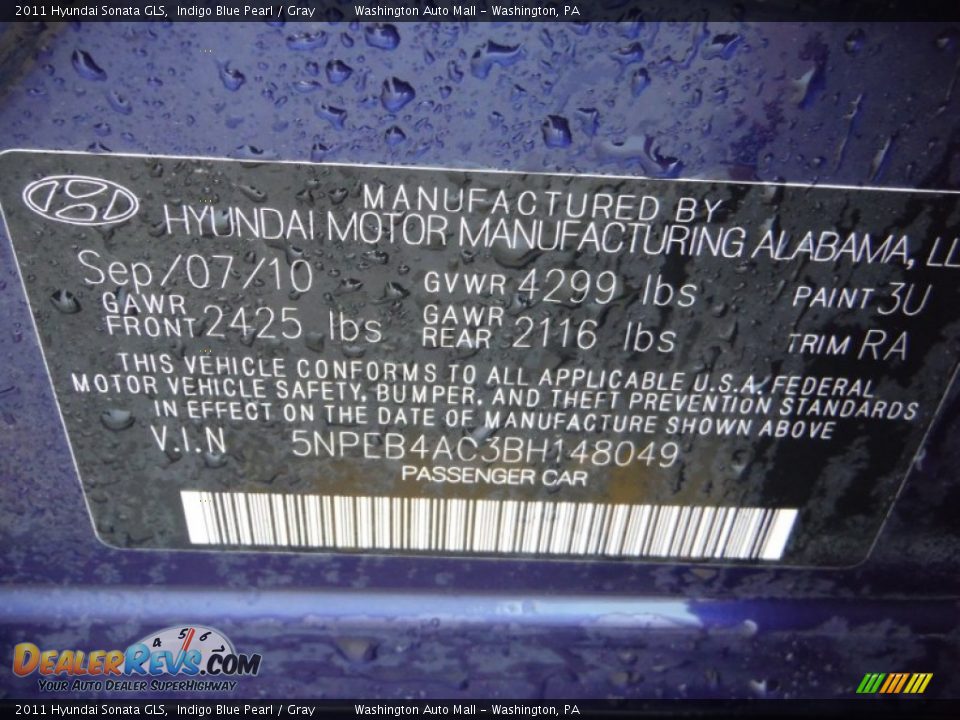 2011 Hyundai Sonata GLS Indigo Blue Pearl / Gray Photo #18