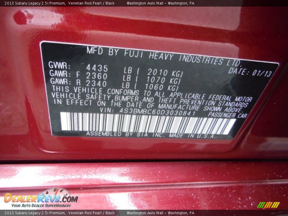 2013 Subaru Legacy 2.5i Premium Venetian Red Pearl / Black Photo #19