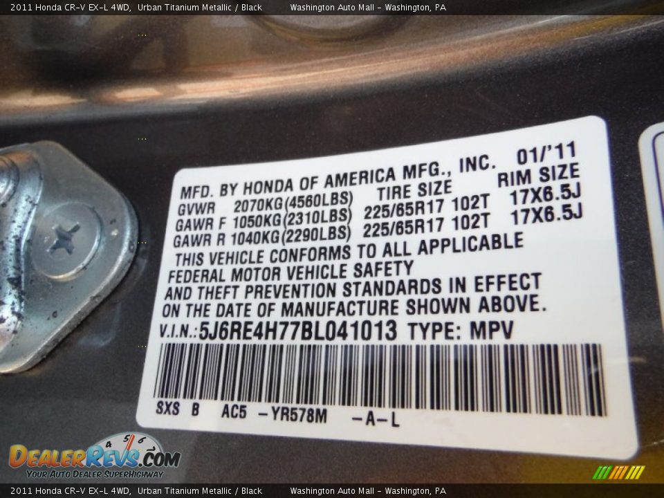 2011 Honda CR-V EX-L 4WD Urban Titanium Metallic / Black Photo #19