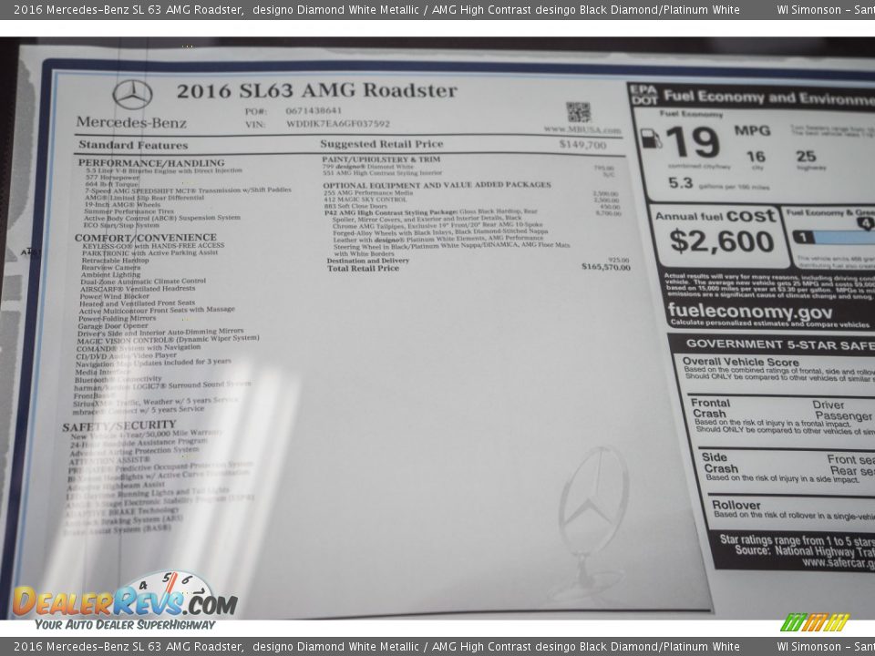 2016 Mercedes-Benz SL 63 AMG Roadster Window Sticker Photo #11