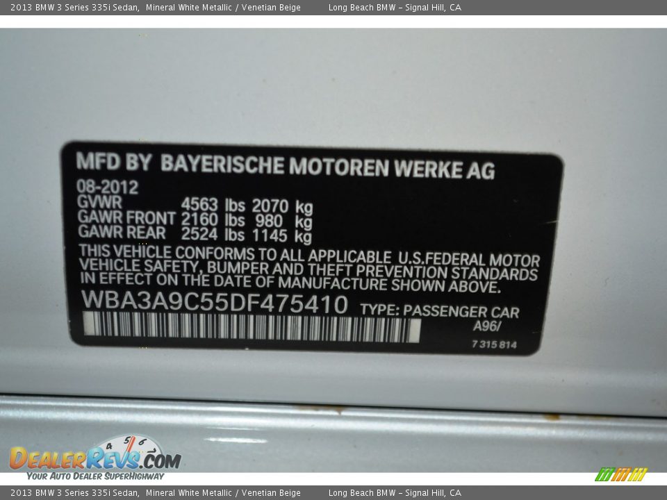 2013 BMW 3 Series 335i Sedan Mineral White Metallic / Venetian Beige Photo #11