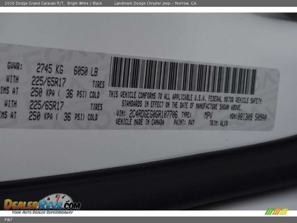 Dodge Color Code PW7 Bright White