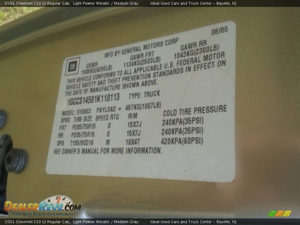 2001 Chevrolet S10 LS Regular Cab Light Pewter Metallic / Medium Gray Photo #28