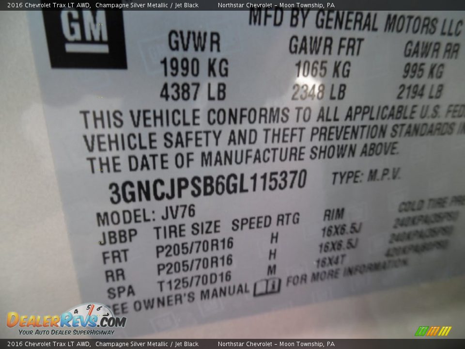 2016 Chevrolet Trax LT AWD Champagne Silver Metallic / Jet Black Photo #16