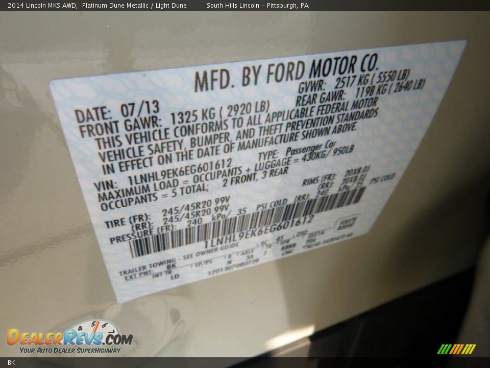 Lincoln Color Code BK Platinum Dune Metallic