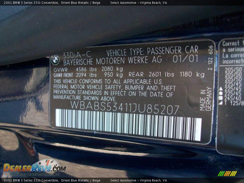 2001 BMW 3 Series 330i Convertible Orient Blue Metallic / Beige Photo #18