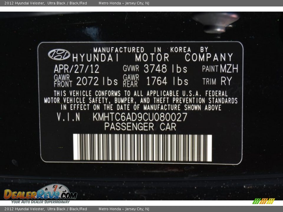 2012 Hyundai Veloster Ultra Black / Black/Red Photo #33