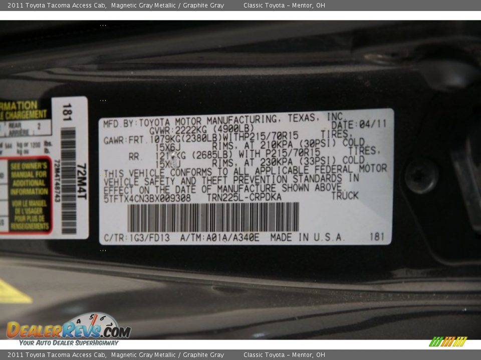 2011 Toyota Tacoma Access Cab Magnetic Gray Metallic / Graphite Gray Photo #15