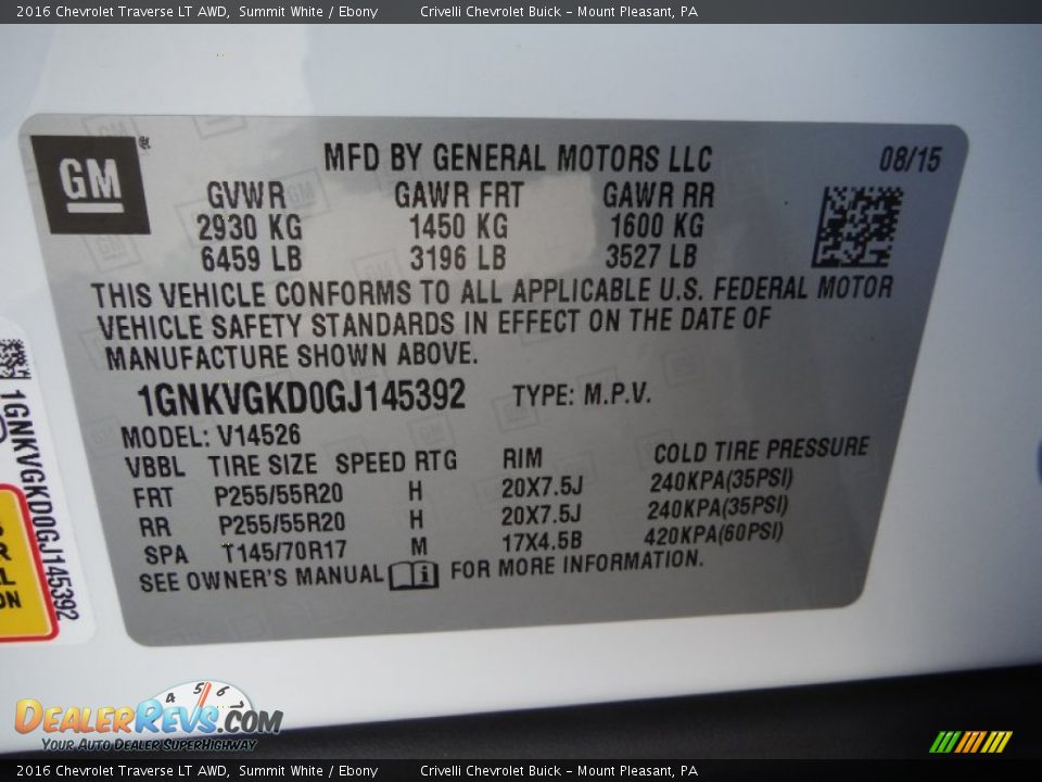 2016 Chevrolet Traverse LT AWD Summit White / Ebony Photo #25