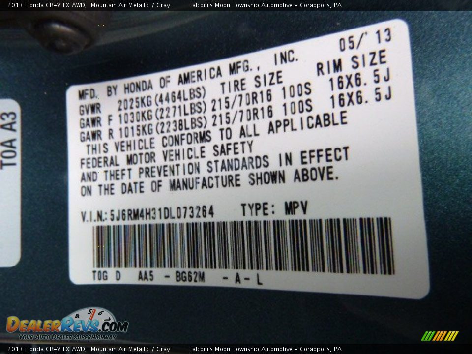 2013 Honda CR-V LX AWD Mountain Air Metallic / Gray Photo #4