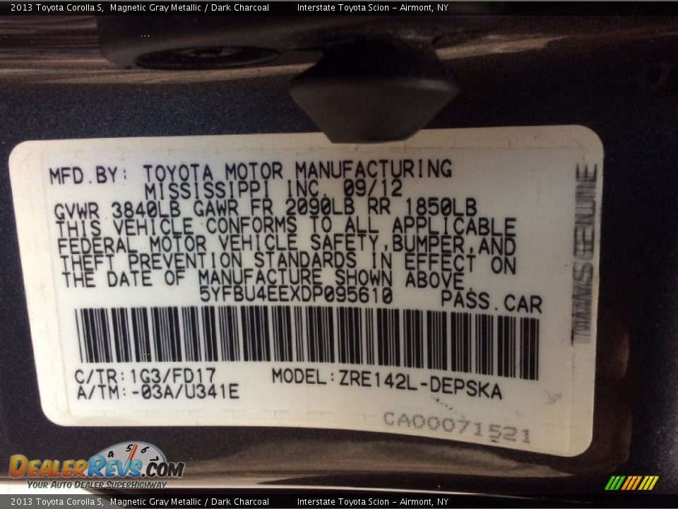 2013 Toyota Corolla S Magnetic Gray Metallic / Dark Charcoal Photo #24