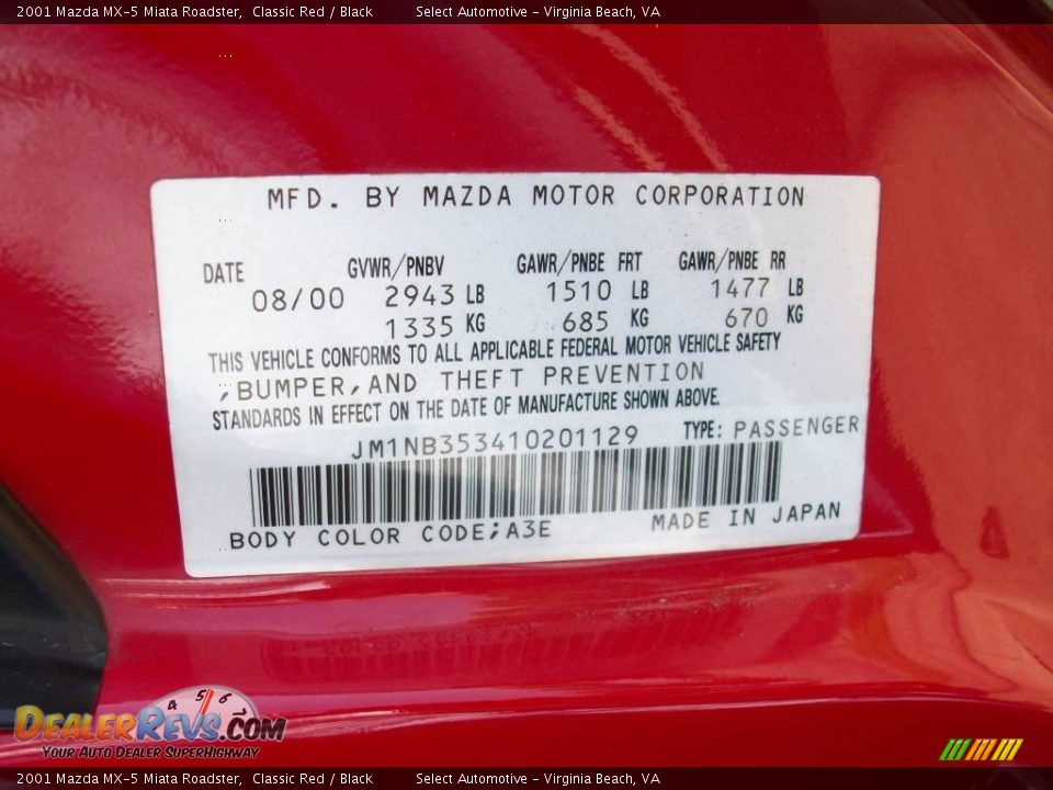2001 Mazda MX-5 Miata Roadster Classic Red / Black Photo #28