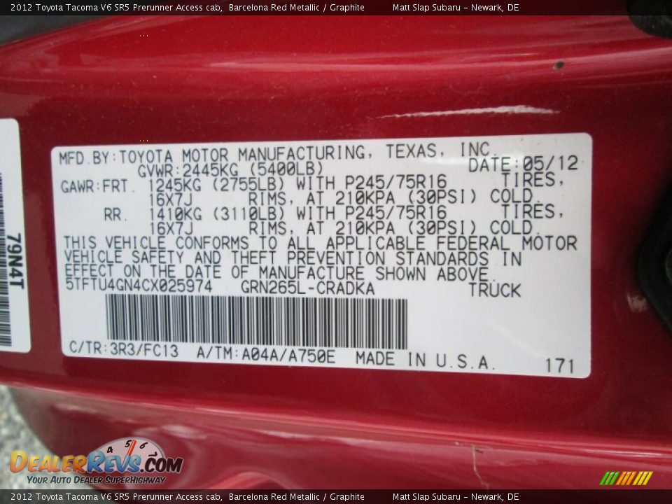 2012 Toyota Tacoma V6 SR5 Prerunner Access cab Barcelona Red Metallic / Graphite Photo #28