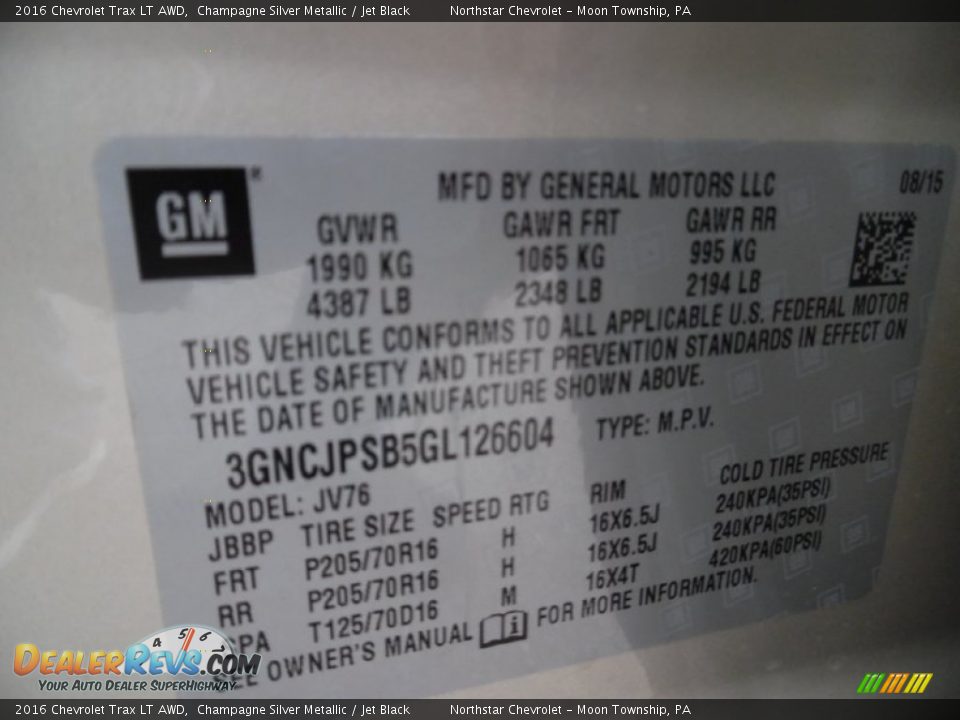 2016 Chevrolet Trax LT AWD Champagne Silver Metallic / Jet Black Photo #16