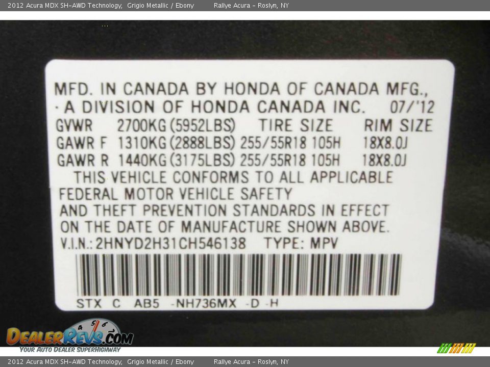 2012 Acura MDX SH-AWD Technology Grigio Metallic / Ebony Photo #20