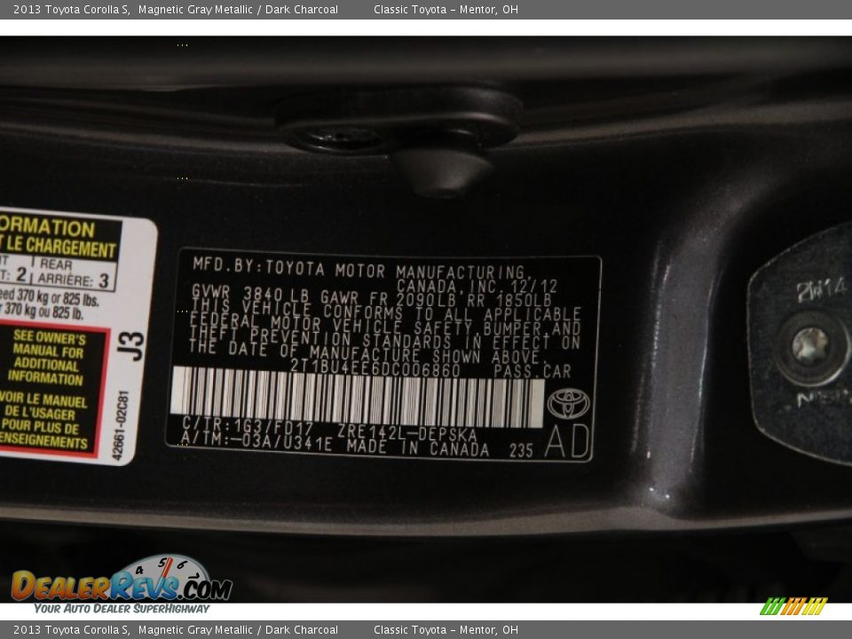 2013 Toyota Corolla S Magnetic Gray Metallic / Dark Charcoal Photo #17