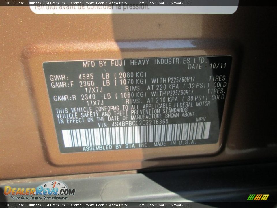 2012 Subaru Outback 2.5i Premium Caramel Bronze Pearl / Warm Ivory Photo #28