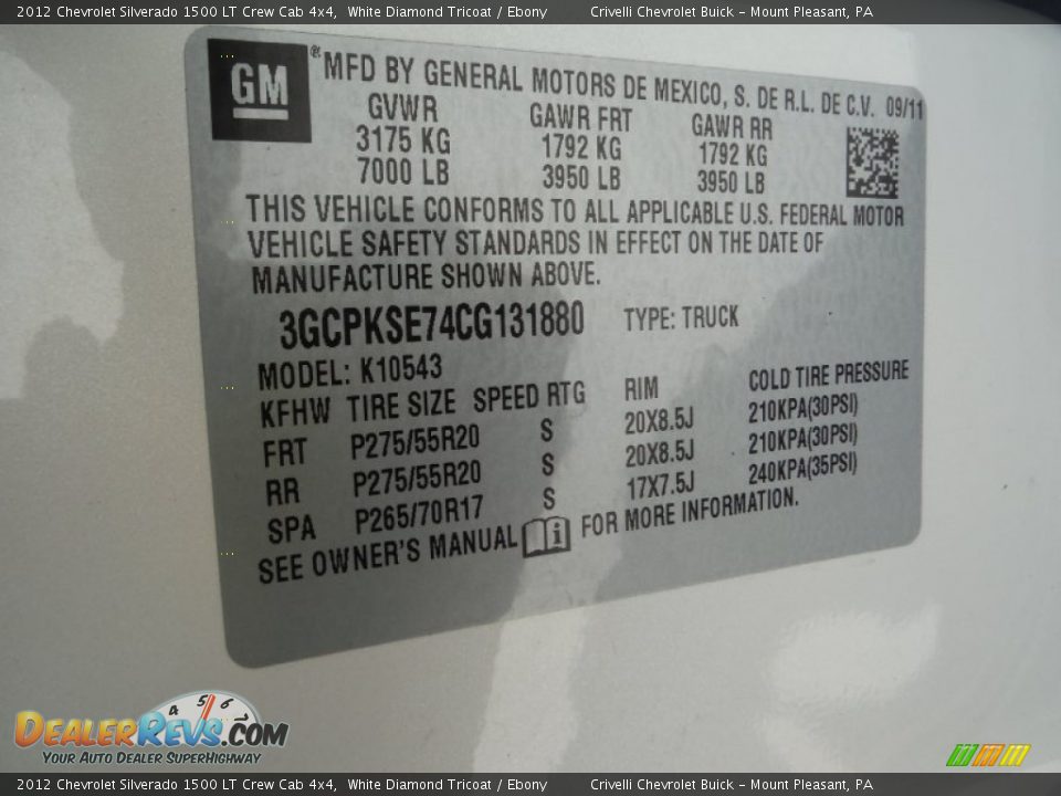 2012 Chevrolet Silverado 1500 LT Crew Cab 4x4 White Diamond Tricoat / Ebony Photo #33