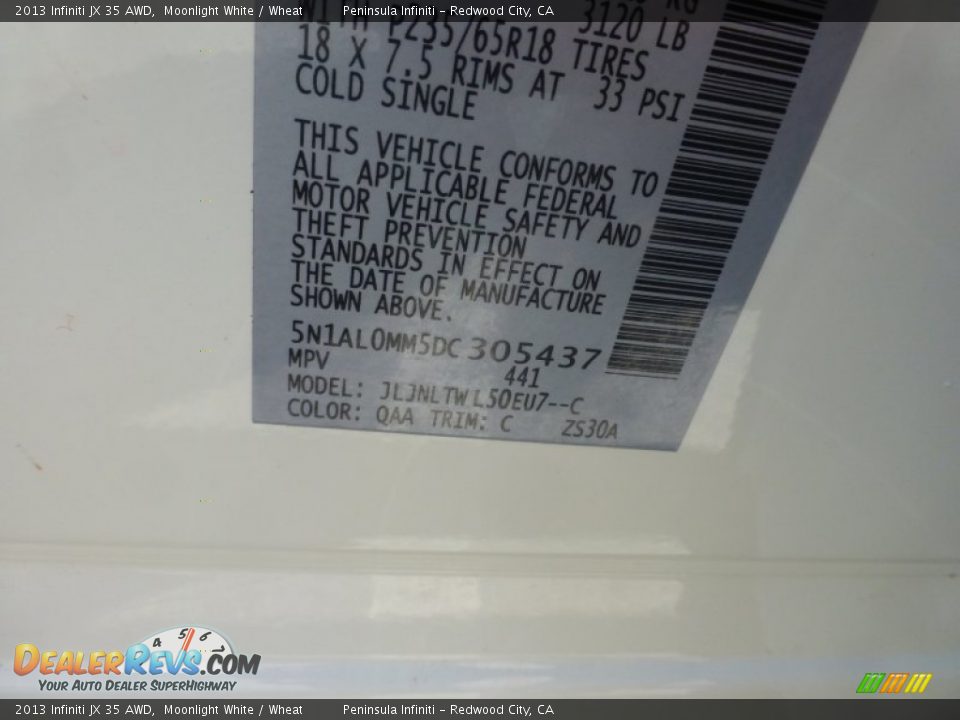 2013 Infiniti JX 35 AWD Moonlight White / Wheat Photo #19
