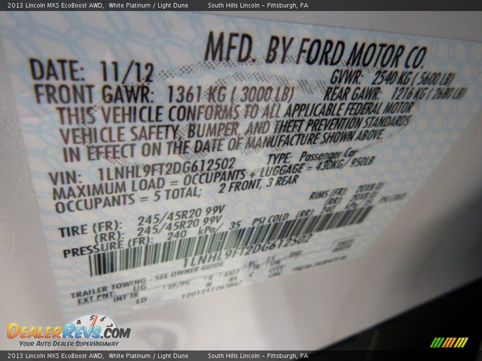 2013 Lincoln MKS EcoBoost AWD White Platinum / Light Dune Photo #23