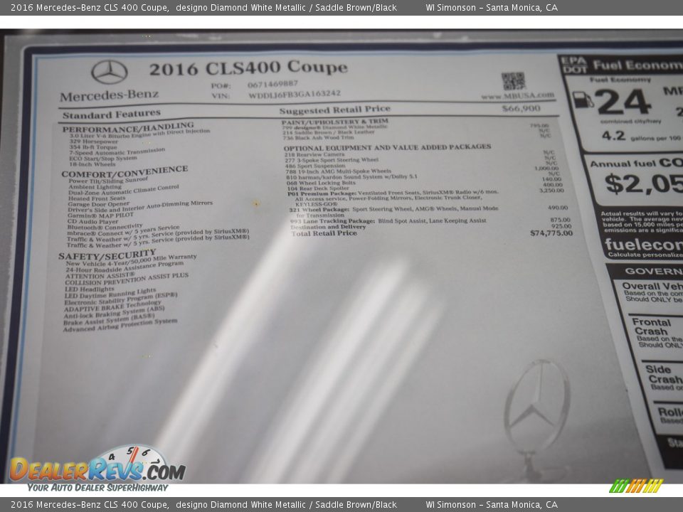2016 Mercedes-Benz CLS 400 Coupe designo Diamond White Metallic / Saddle Brown/Black Photo #11