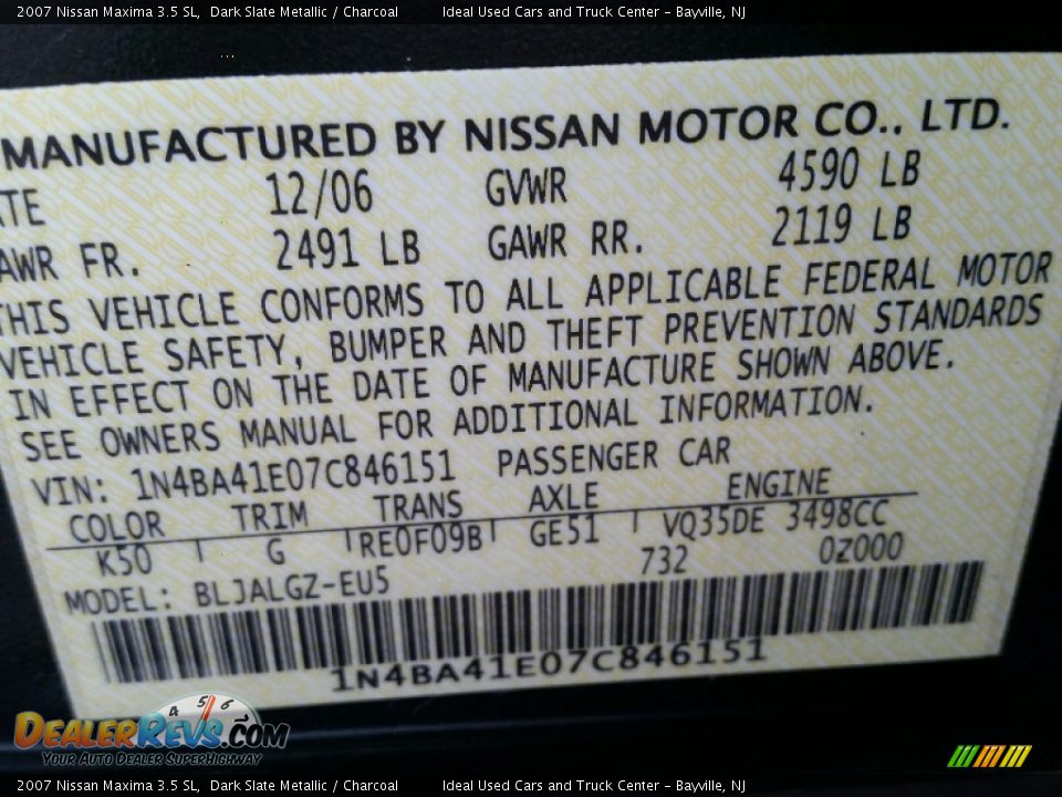 2007 Nissan Maxima 3.5 SL Dark Slate Metallic / Charcoal Photo #17