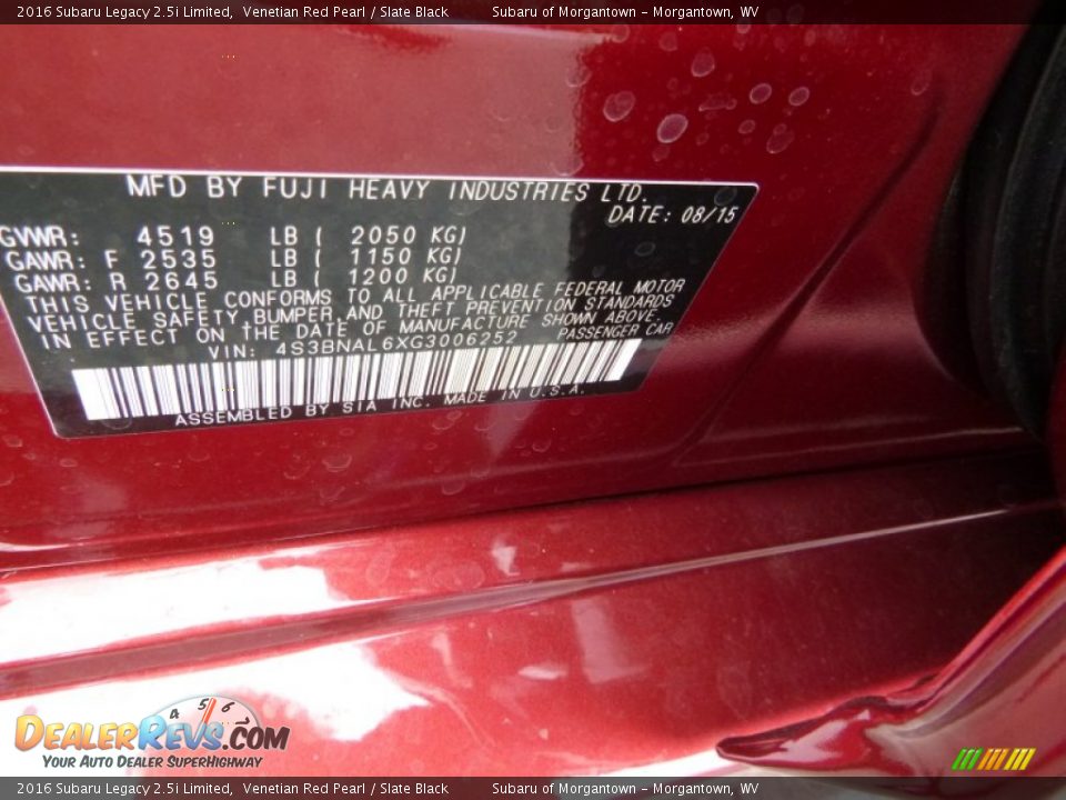 2016 Subaru Legacy 2.5i Limited Venetian Red Pearl / Slate Black Photo #17